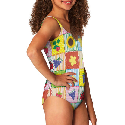 Girls' Patchwork Fruit Print One-Piece Swimsuit