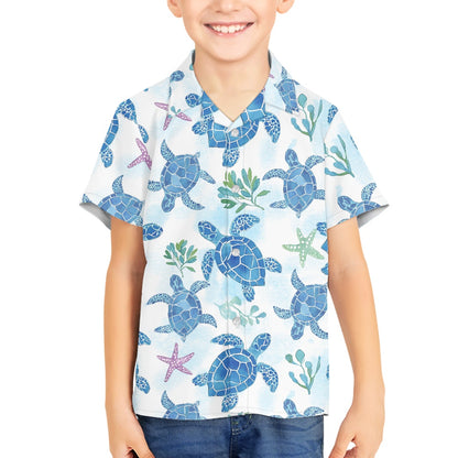 Tropical Ocean Print Sea Turtle Hawaiian Shirt for Kids
