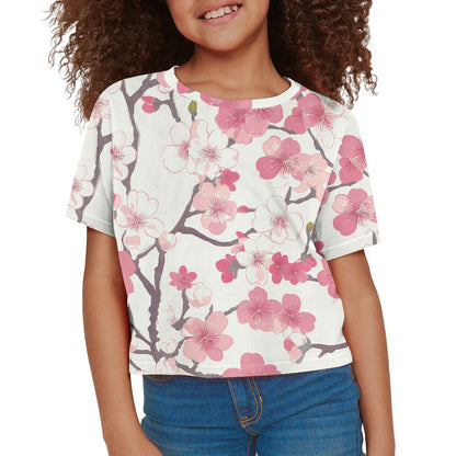 Cherry Blossom Crop Top - Girls Exposed Navel T-Shirt