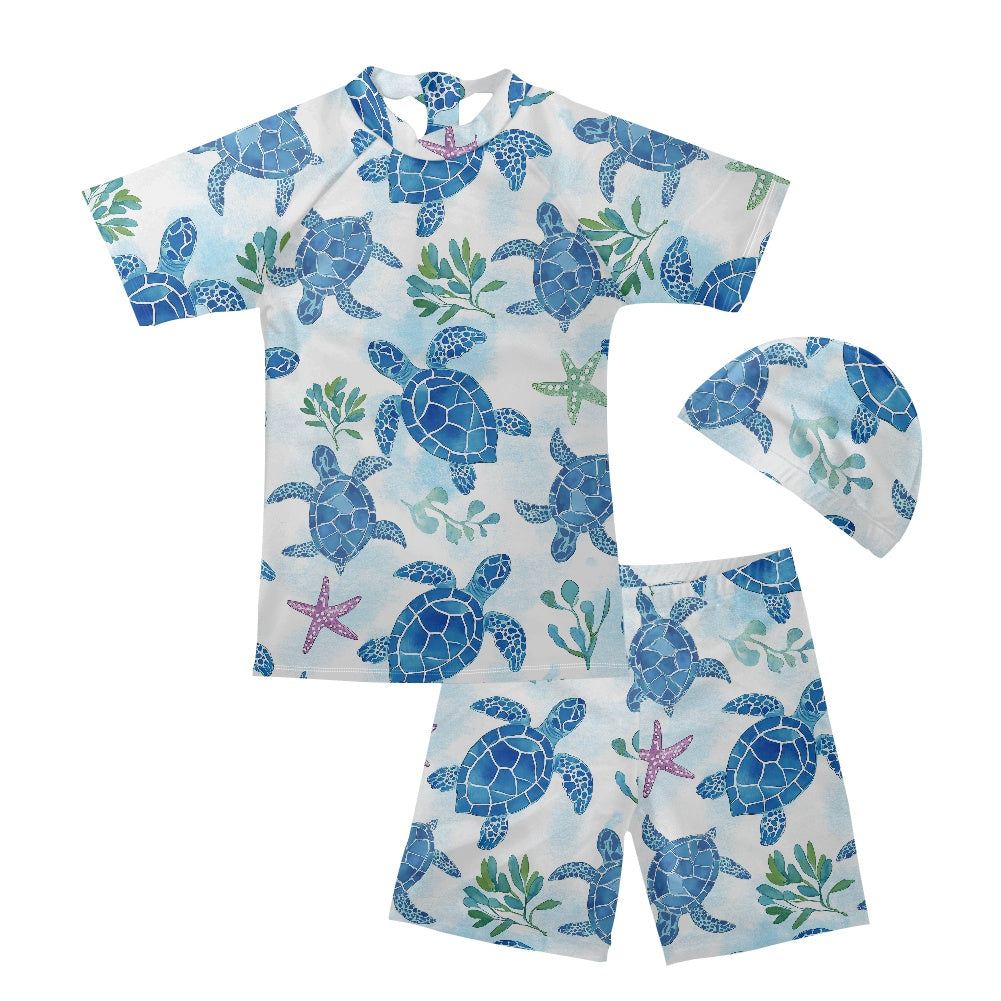 Sea Turtle Print Boys' Three-Piece Swimsuit Set