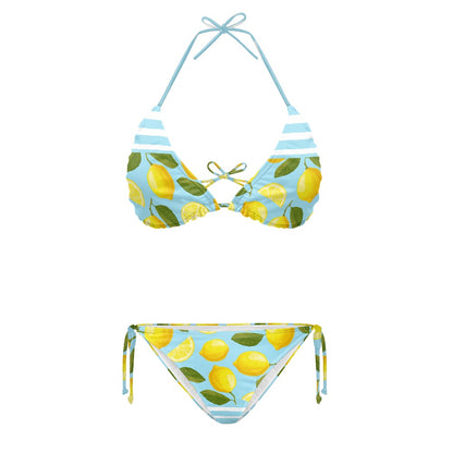 Vibrant Lemon-Print Striped Halter Bikini