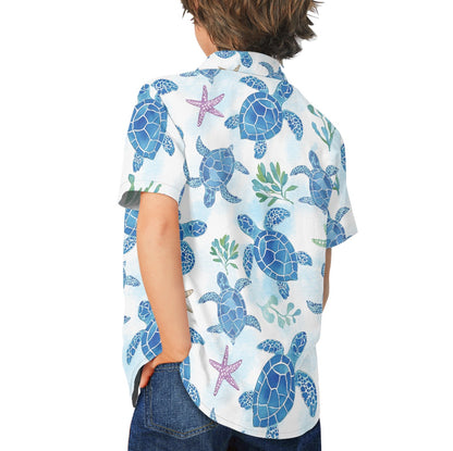 Tropical Ocean Print Sea Turtle Hawaiian Shirt for Kids