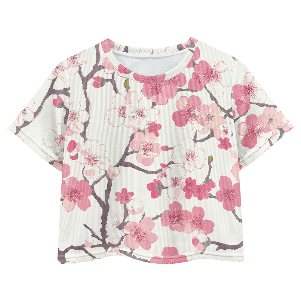 Cherry Blossom Crop Top - Girls Exposed Navel T-Shirt