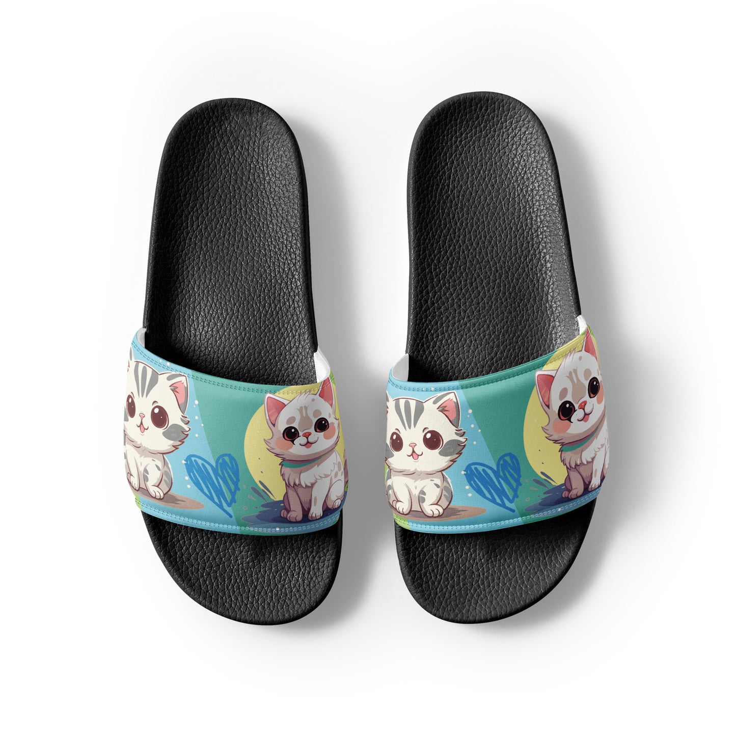 Playful Cat-Themed Blue and Yellow Women's Slides