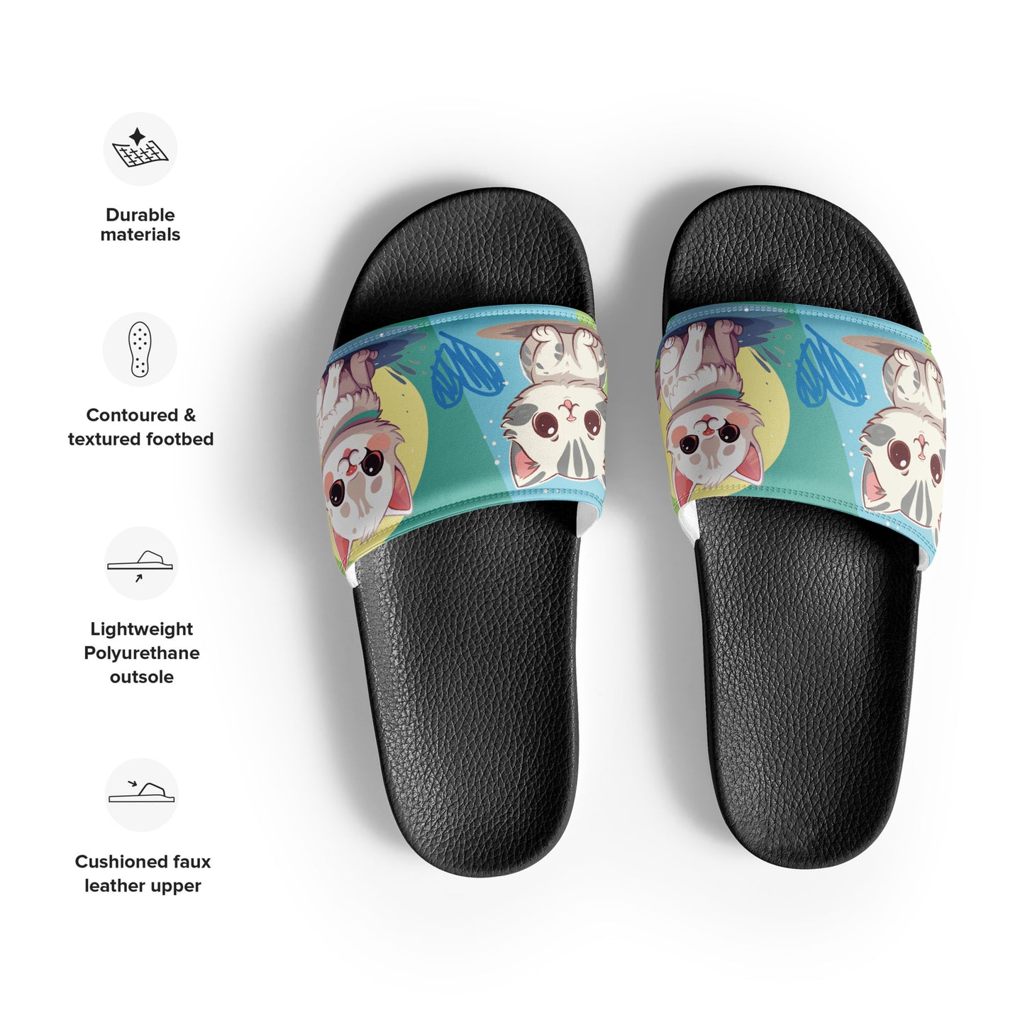 Playful Cat-Themed Blue and Yellow Women's Slides