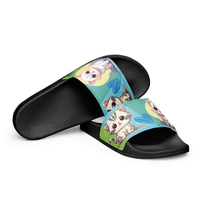 Playful Cat-Themed Blue and Yellow Women's Slides