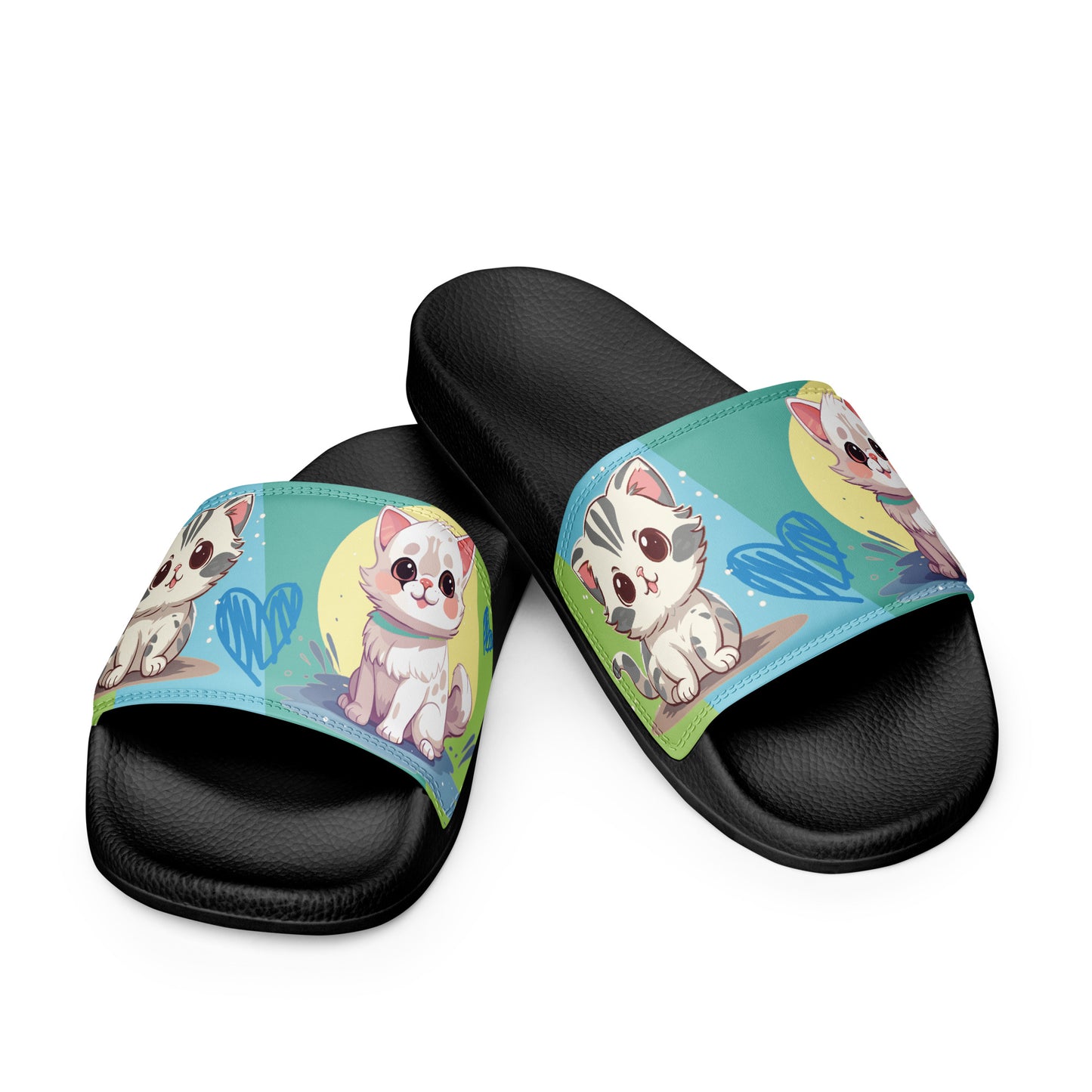 Playful Cat-Themed Blue and Yellow Women's Slides