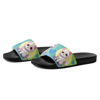 Playful Cat-Themed Blue and Yellow Women's Slides