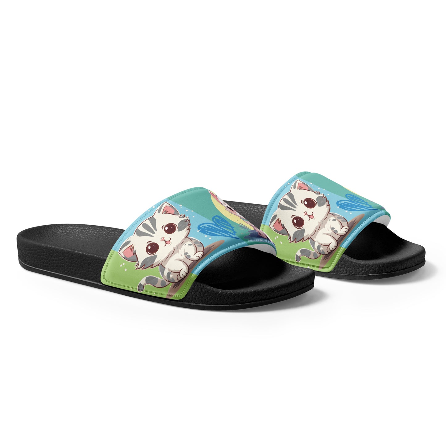 Playful Cat-Themed Blue and Yellow Women's Slides