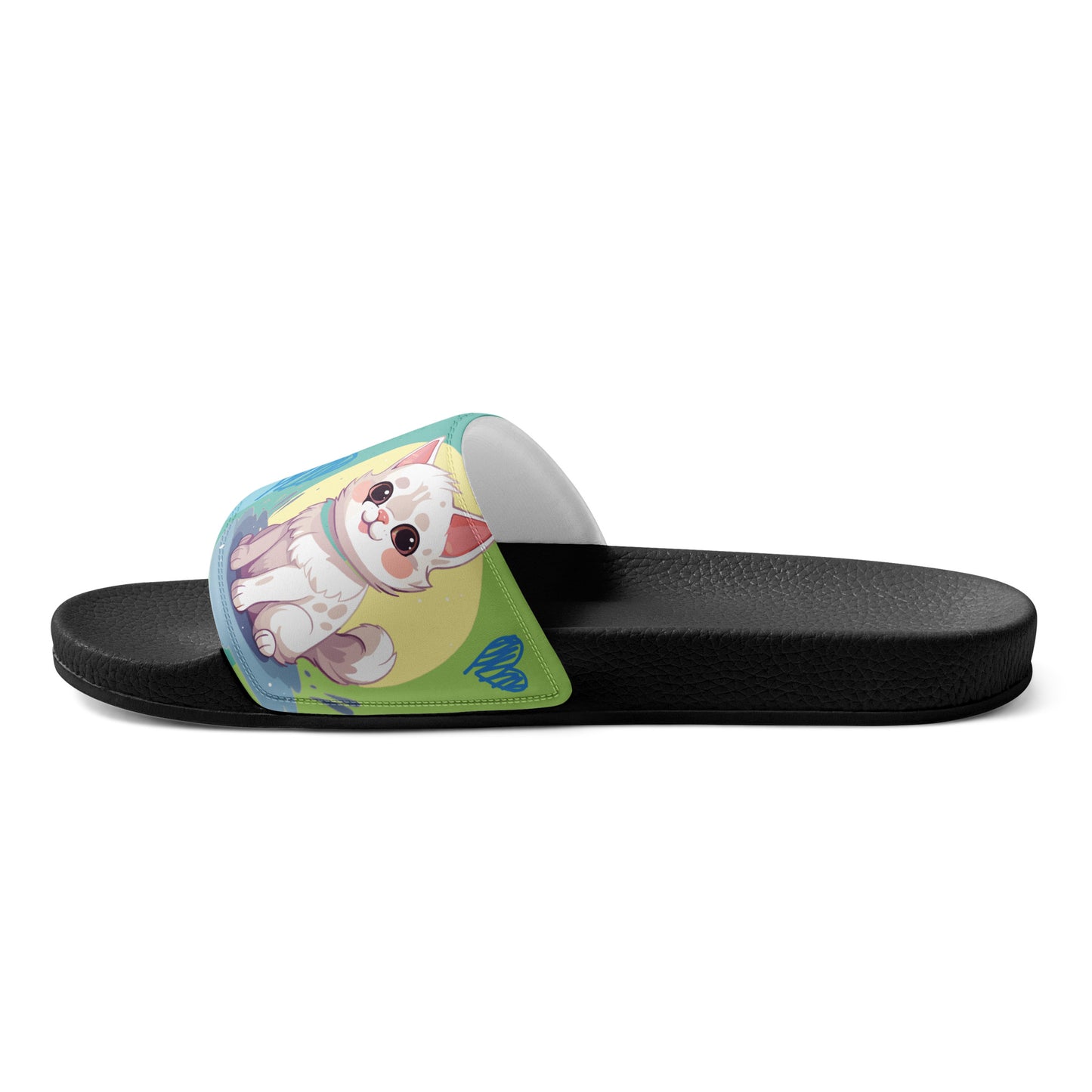 Playful Cat-Themed Blue and Yellow Women's Slides