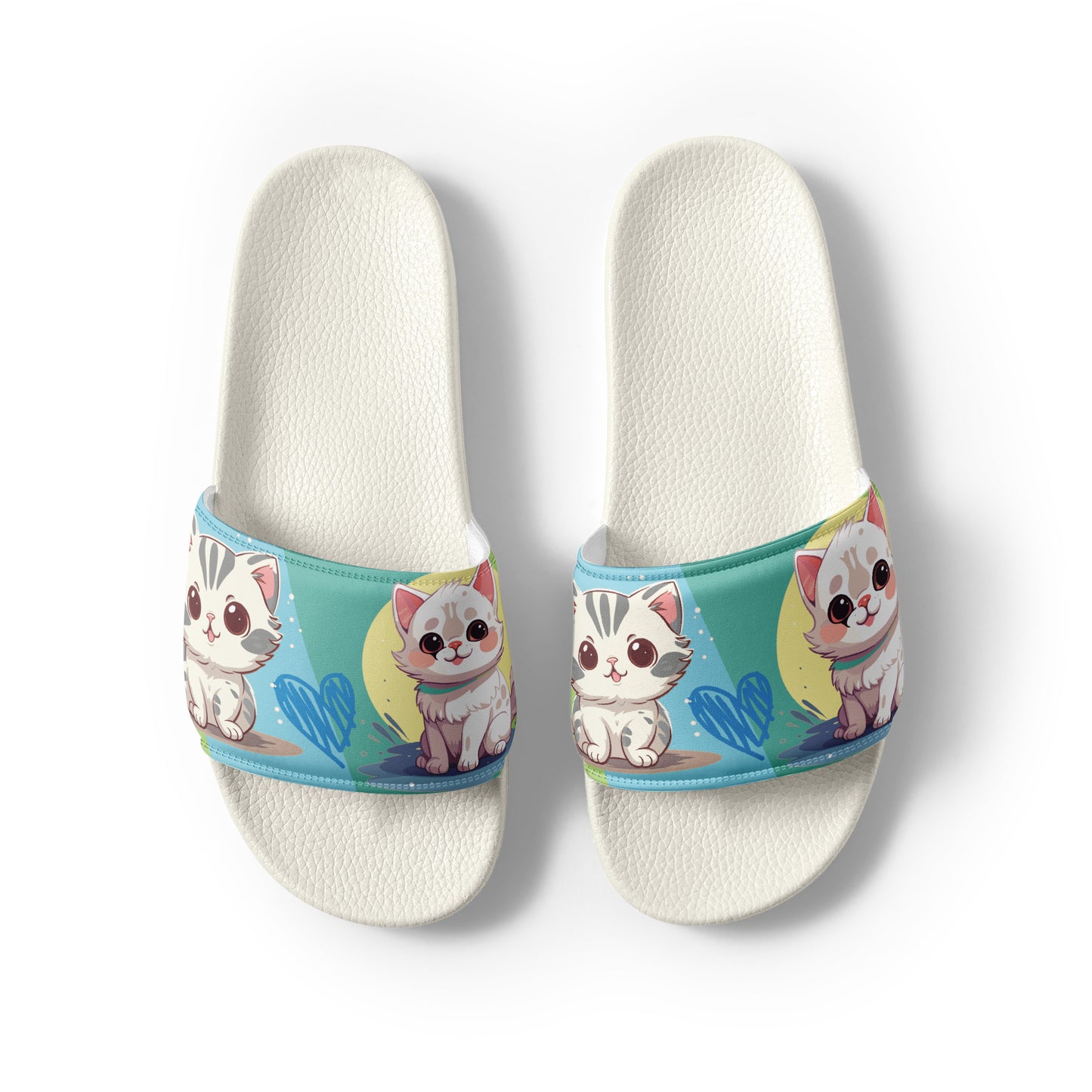 Playful Cat-Themed Blue and Yellow Women's Slides