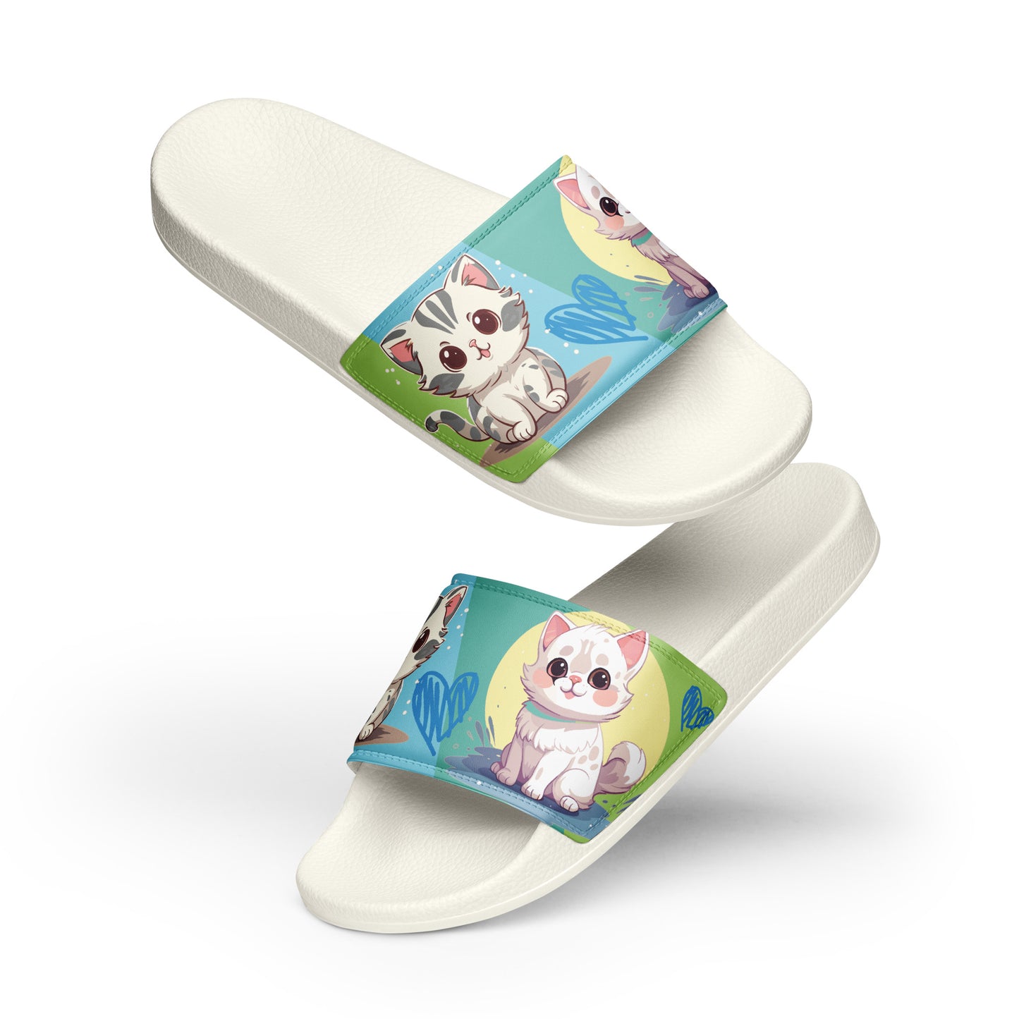 Playful Cat-Themed Blue and Yellow Women's Slides