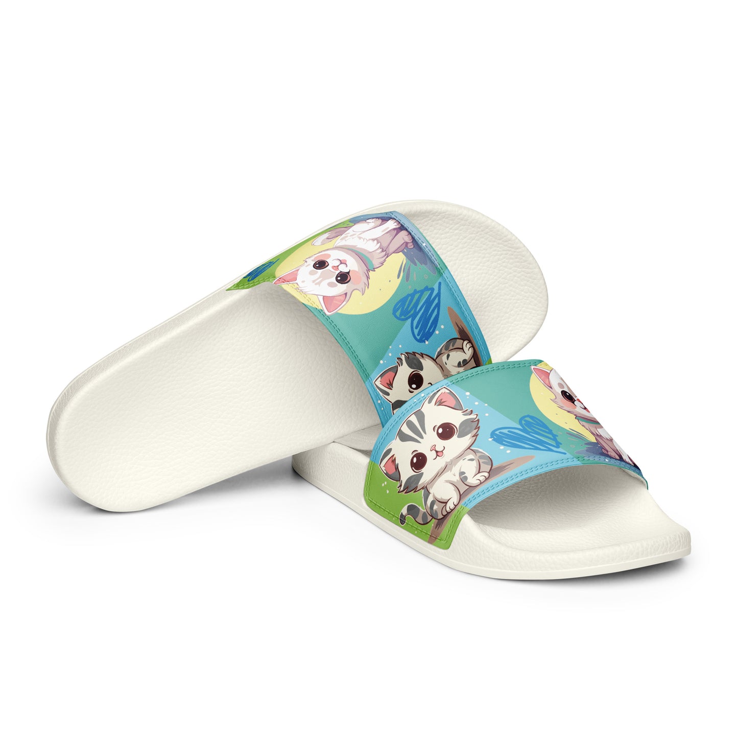 Playful Cat-Themed Blue and Yellow Women's Slides