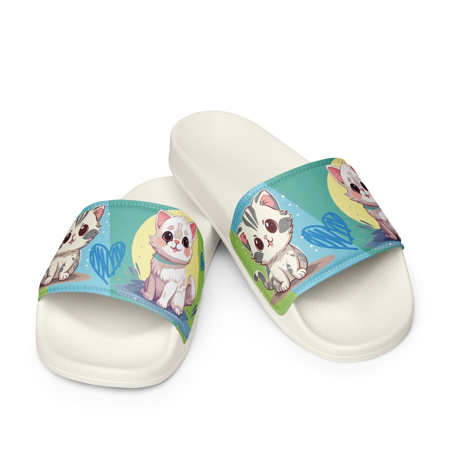 Playful Cat-Themed Blue and Yellow Women's Slides