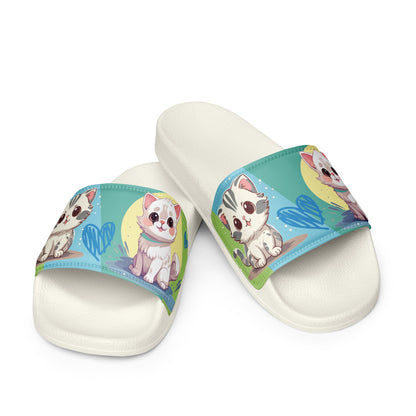 Playful Cat-Themed Blue and Yellow Women's Slides