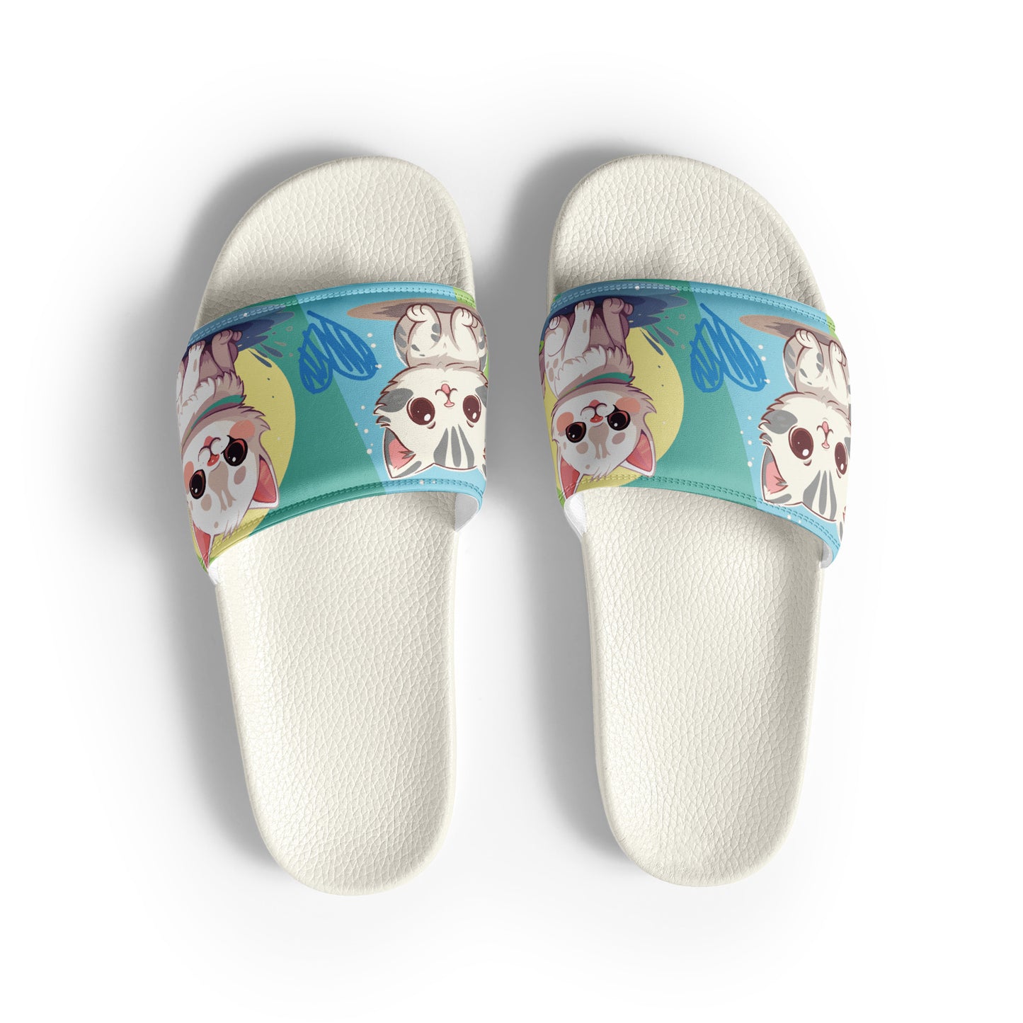 Playful Cat-Themed Blue and Yellow Women's Slides