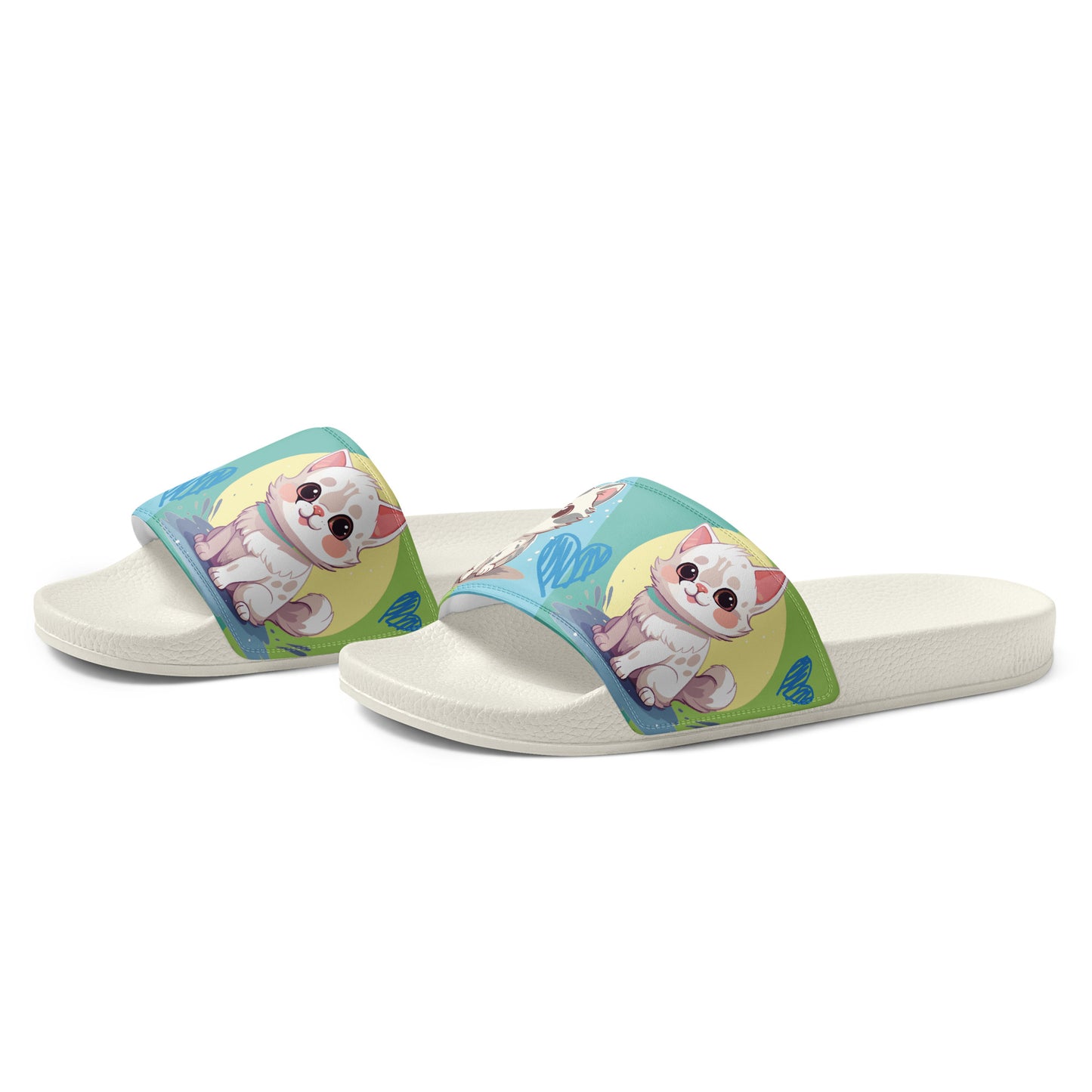 Playful Cat-Themed Blue and Yellow Women's Slides