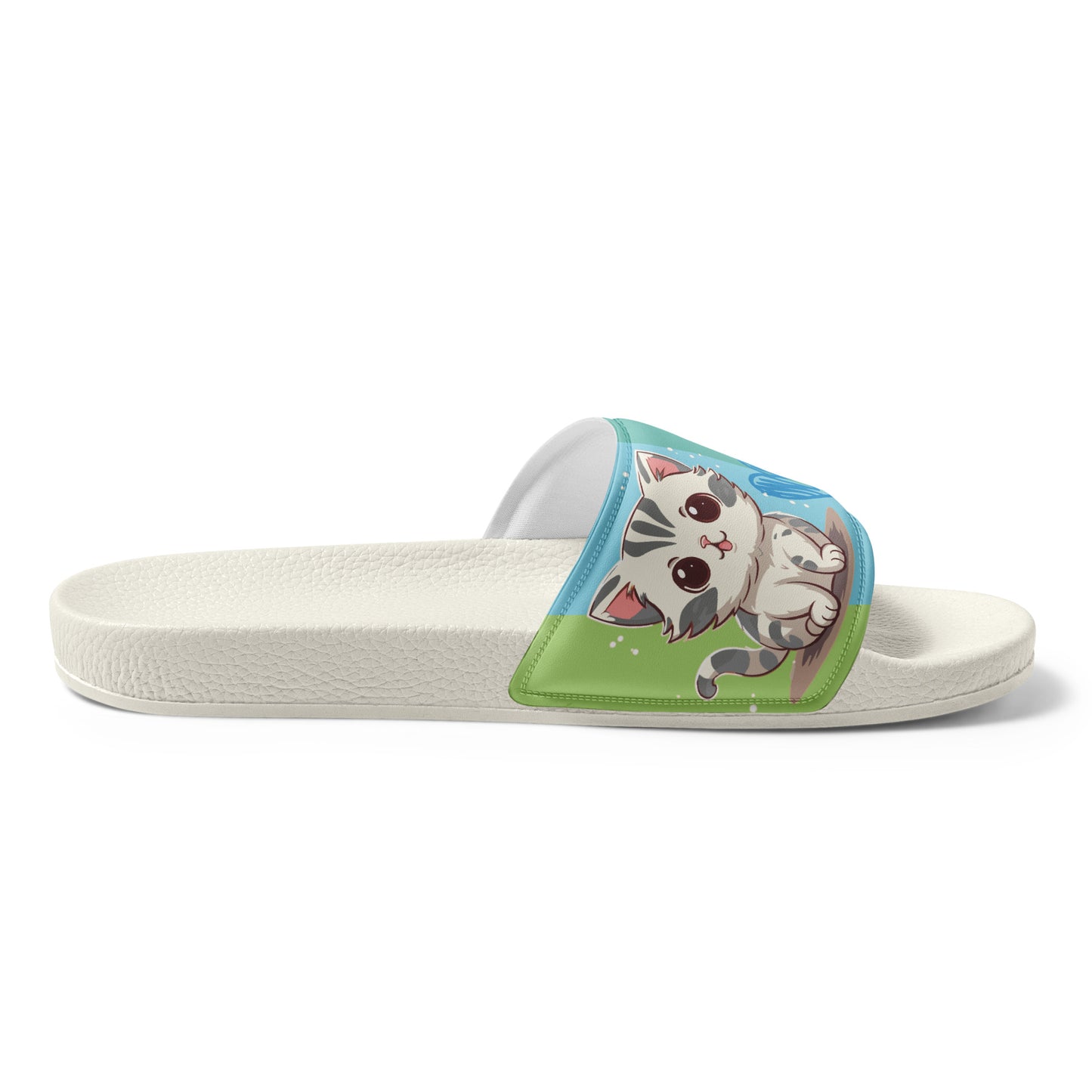 Playful Cat-Themed Blue and Yellow Women's Slides