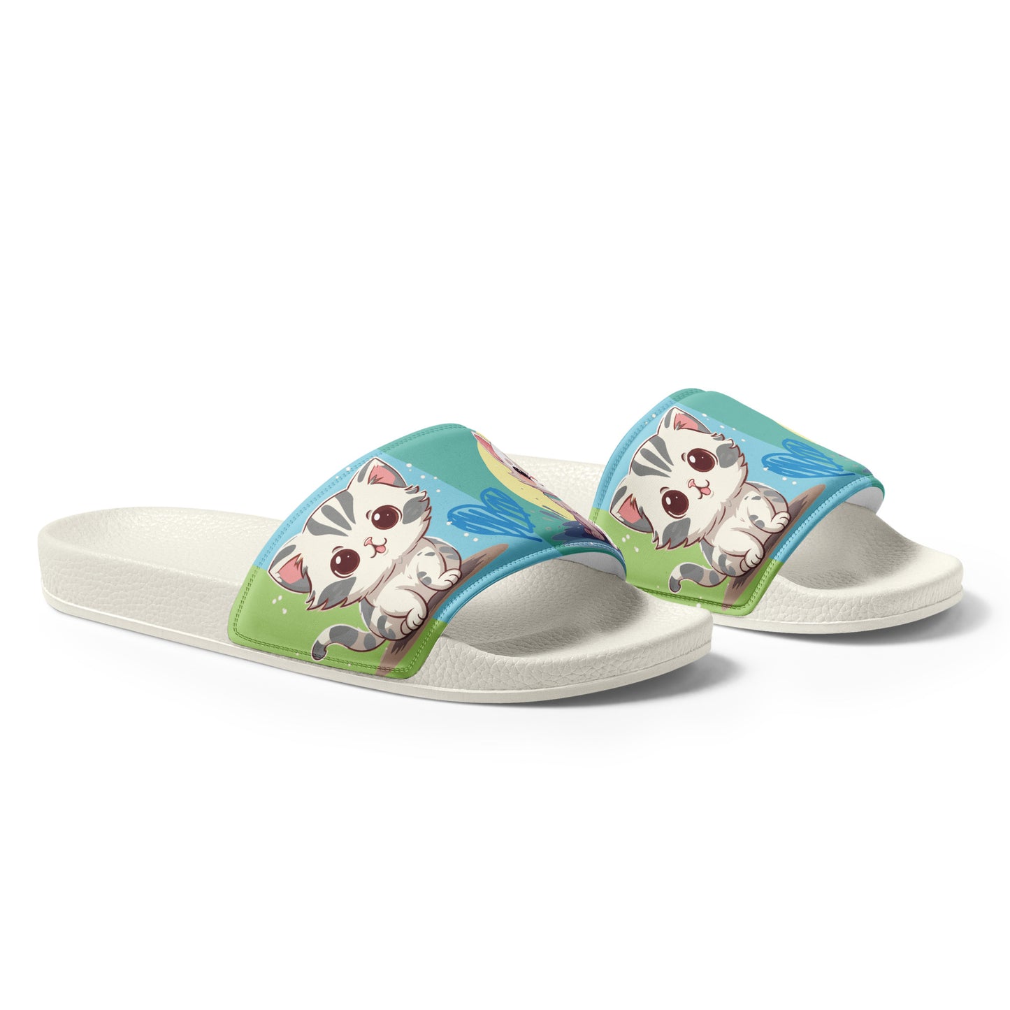 Playful Cat-Themed Blue and Yellow Women's Slides