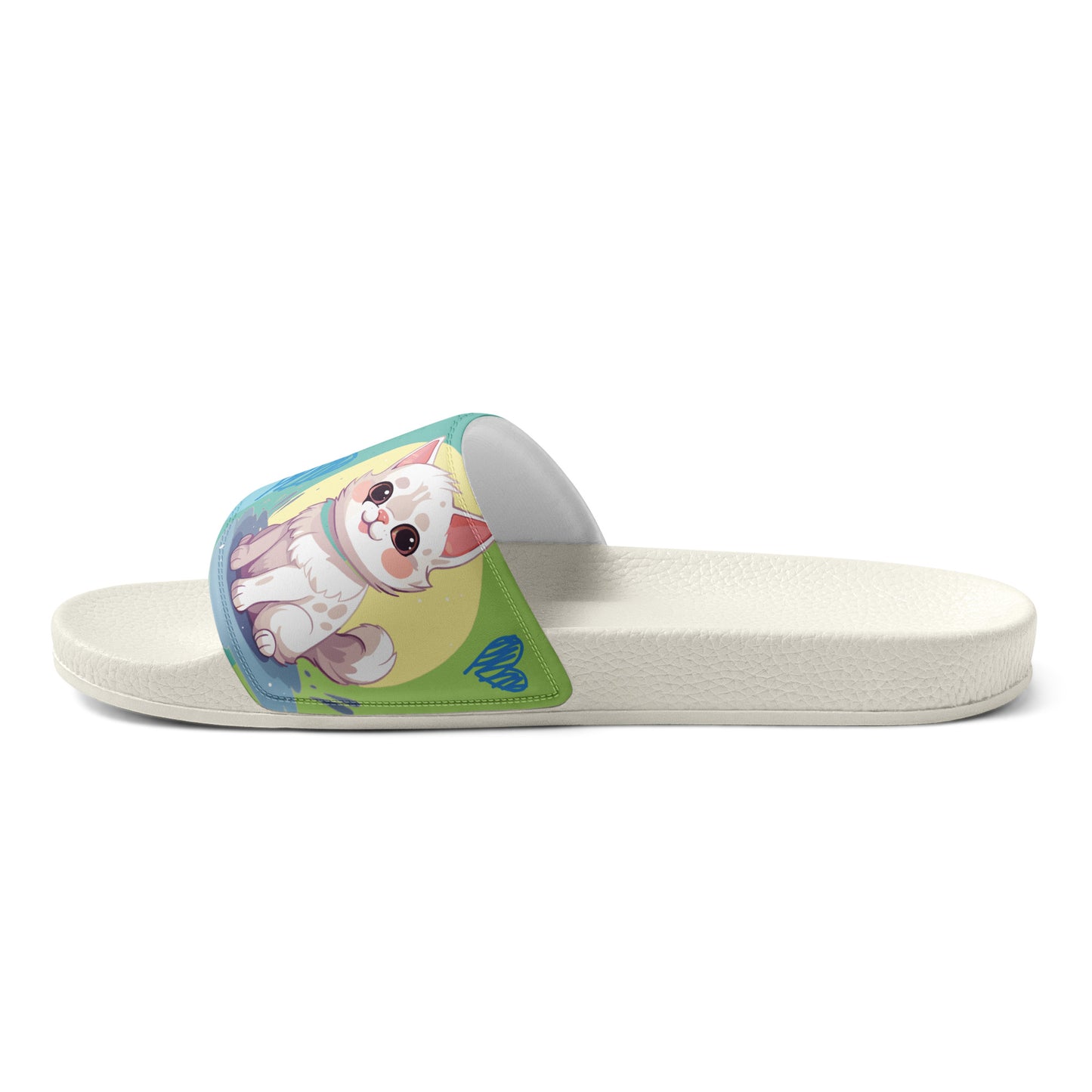 Playful Cat-Themed Blue and Yellow Women's Slides